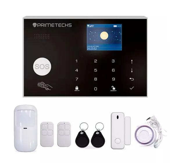 DA00-01 Kit Alarma inalámbrica WIFI con pantalla, sensores inalámbricos y alámbricos, sirena exterior y notificación por aplicación celular Tuya Smart, Primetechs
