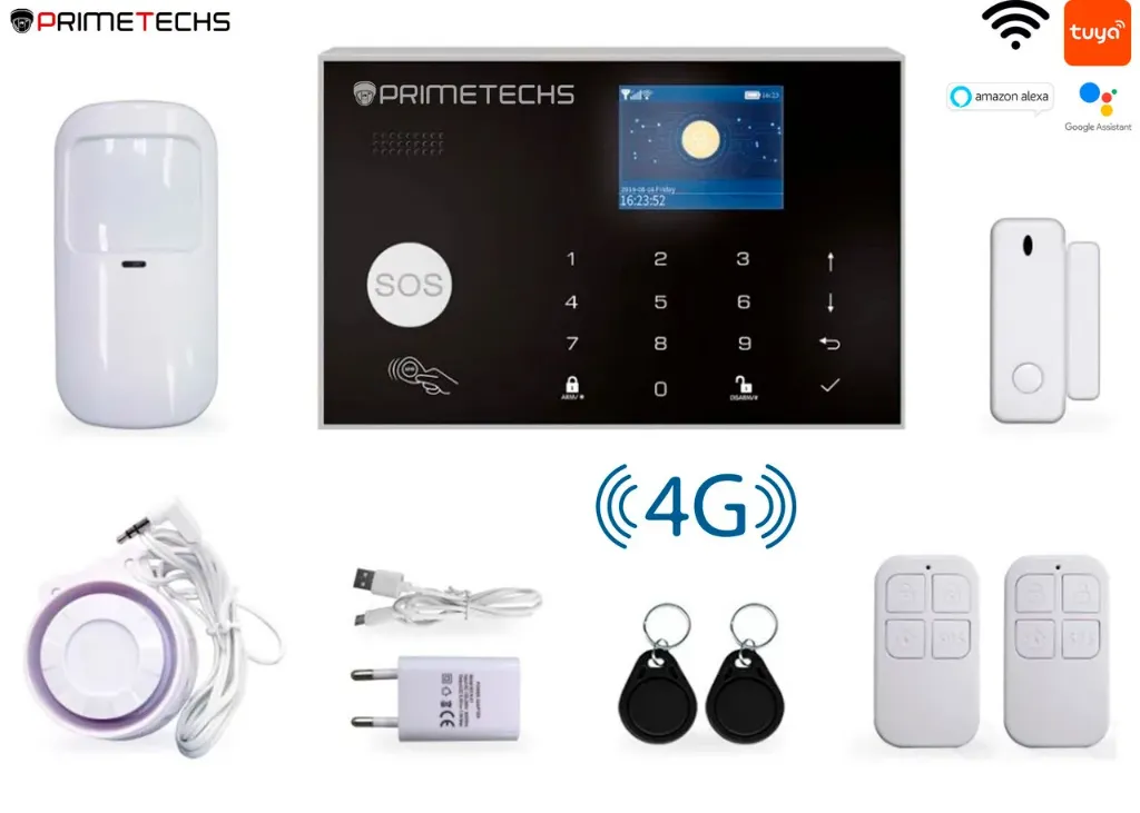 [ALA003-3] Kit Alarma 4G Y Wifi Inalámbrica con pantalla, sensores inalámbricos y alámbricos, sirena exterior y notificación por aplicación celular Tuya Smart, Primetechs