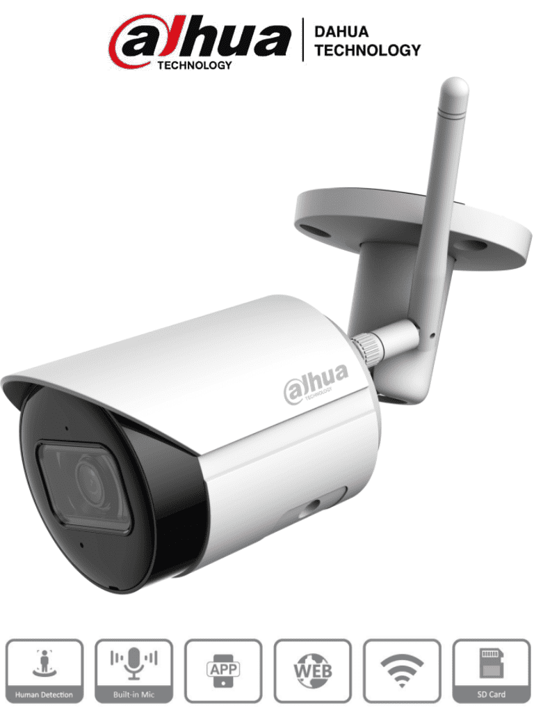[CAMIP000-13.11] DAHUA Camara IP 4mp Bala Wifi / Lente 2.8mm/ 90° Apertura/ H.265+/ IR 30 Metros/ Micrófono Integrado/ Ranura para MicroSD/ Metal / IP67/ DWDR/ Videoanalíticos con SMD | IPC-HFW1430DS-SAW