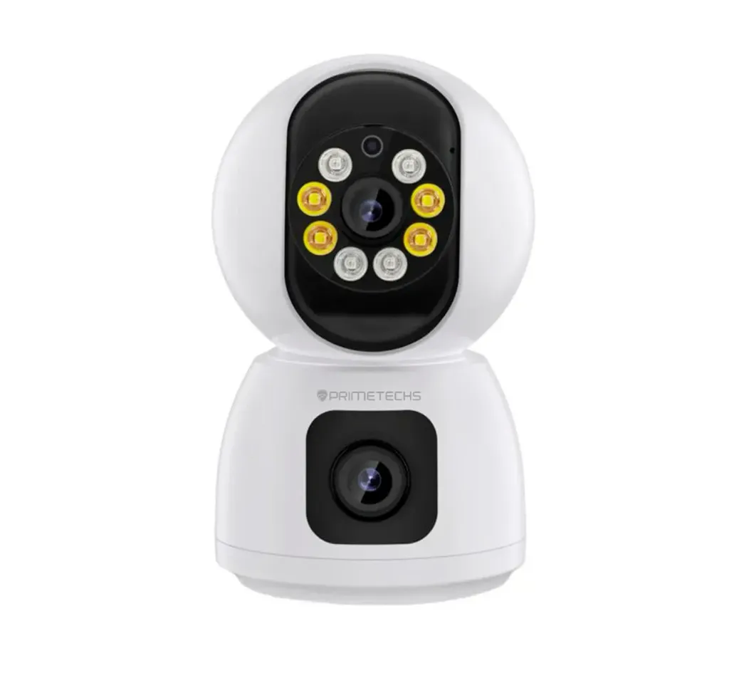 AB00-01 Cámara WiFi 4 megapíxeles, 2 Lentes, PTZ, (2mp x cada lente), uso interior, Auto tracking por detección humana y movimiento, Iluminación IR y Full color, app ICSEE, nube, Primetechs