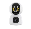 AB00-01 Cámara WiFi 4 megapíxeles, 2 Lentes, PTZ, (2mp x cada lente), uso interior, Auto tracking por detección humana y movimiento, Iluminación IR y Full color, app ICSEE, nube, Primetechs