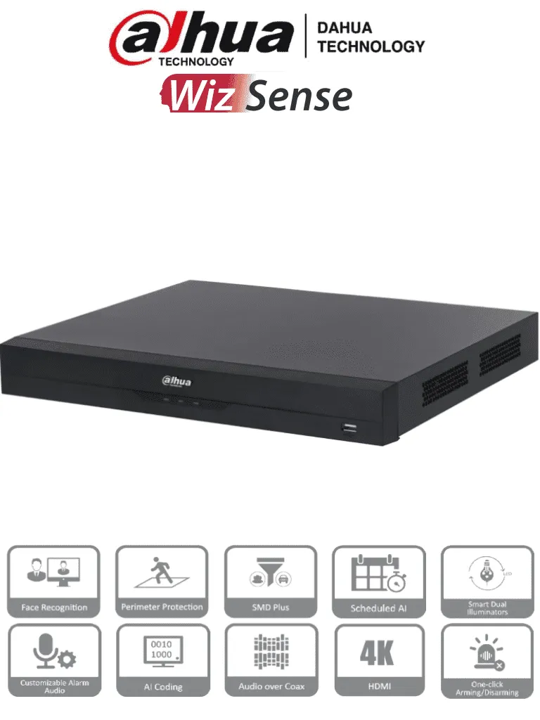 AF30-04 DAHUA - DVR 32 Canales 4k 8mp/ WizSense/ Con IA/ 6 Canales de Reconocimiento Facial/ H.265+/ Hasta 32 Canales IP/ Codificación IA/ SMD Plus/ 2 Bahías de Discos Duros/ Funciones IoT&POS | XVR5232AN-4KL-I3 ACT