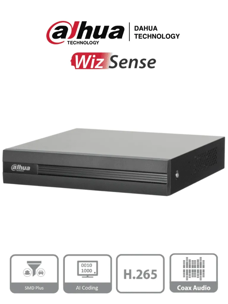 AF25-01 DAHUA - DVR 4 Canales 5 mp lite, con WizSense y H.265+ Soporta 4 canales + 2 IP o hasta 6 canales IP. Con SMD Plus y búsqueda inteligente de humanos y vehículos. 1 puerto SATA de hasta 6TB | XVR1B04H-I ACT