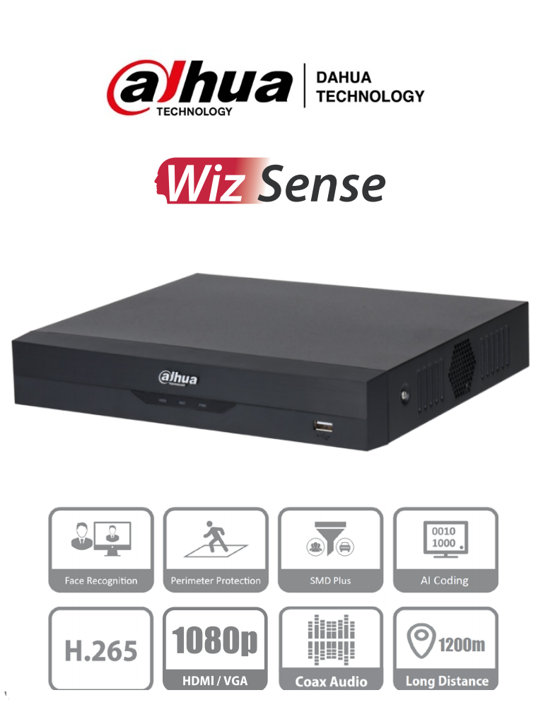 DAHUA DVR 4 Canales 4K 8mp y 4 IP o hasta 8 IP / WizSense / H.265+ / Canal para reconocimiento facial, protección perimetral y SDM Plus Bahía SATA para HDD de hasta 10TB. Compatible con IoT y POS DAHUA XVR5104HS-4KL-I3