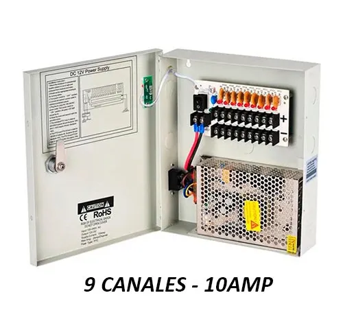 BA20-01 Fuente de poder regulada 12V 10 Amp con distribuidor para 9 cámaras (1.1A por canal) Certificada