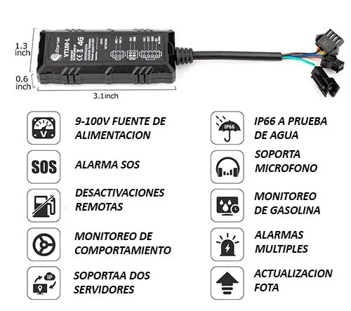 AD30-07 GPS Rastreador VT100 GPS Moto, Automóvil, Camioneta o Maquinaria. Impermeable IP66, Múltiples I/O (Entradas y Salidas) Micrófono (Opcional), botón de pánico (opcional), plataforma incluida 1 año, APP IOS y Android, PC