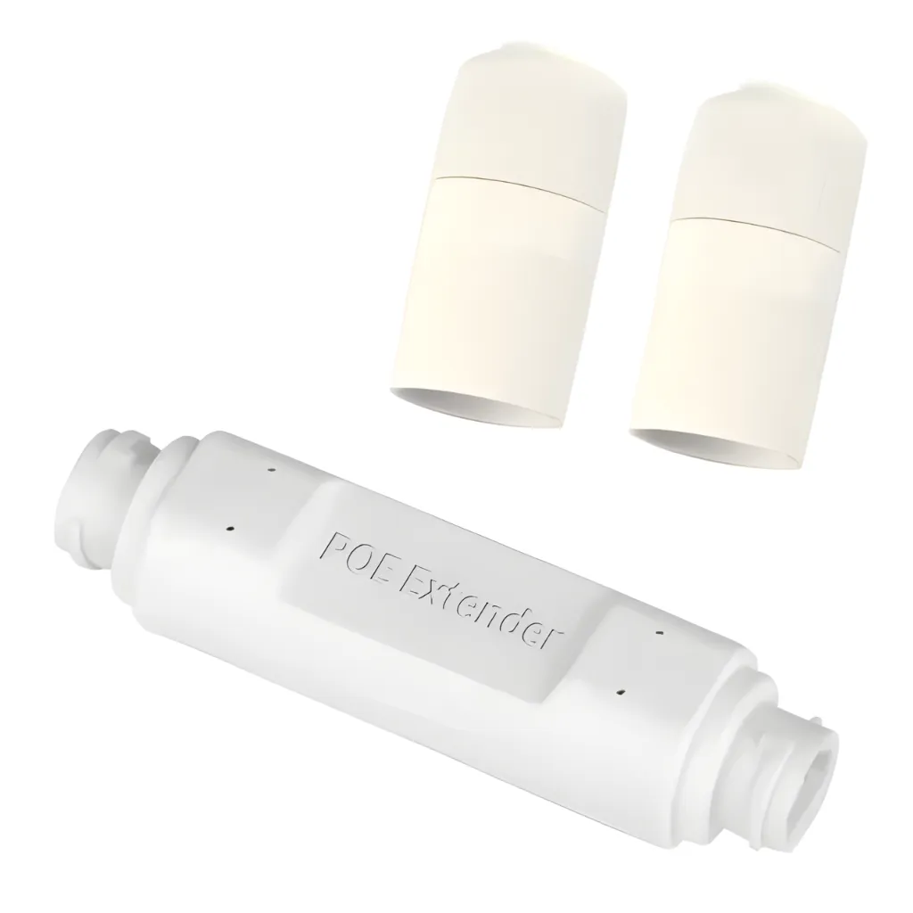 MA20-03 Cople extensor de alimentación PoE 250m+250 m, LAN 10/100, extiende la red hasta 250m + 250 m, compatible con switch o inyector PoE Primetechs de 44–57 V DC, 25 W, IP66, para dispositivos IP PoE, IEEE 802.3af/at