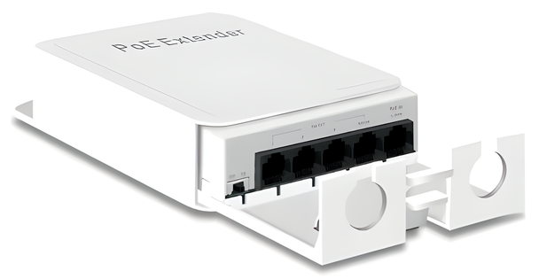 Extensor alimentador PoE multipuerto, 1 entrada 85 W hasta 100 m, 4 salidas (1 de 60 W y 3 de 30 W) compartidas hasta 100 m, LAN 10/100 Mega, IEEE 802.3af/at/bt, IP55 exterior, compatible con switch o inyector PoE de 44–57 V DC, permite cascada hasta 3 extensores