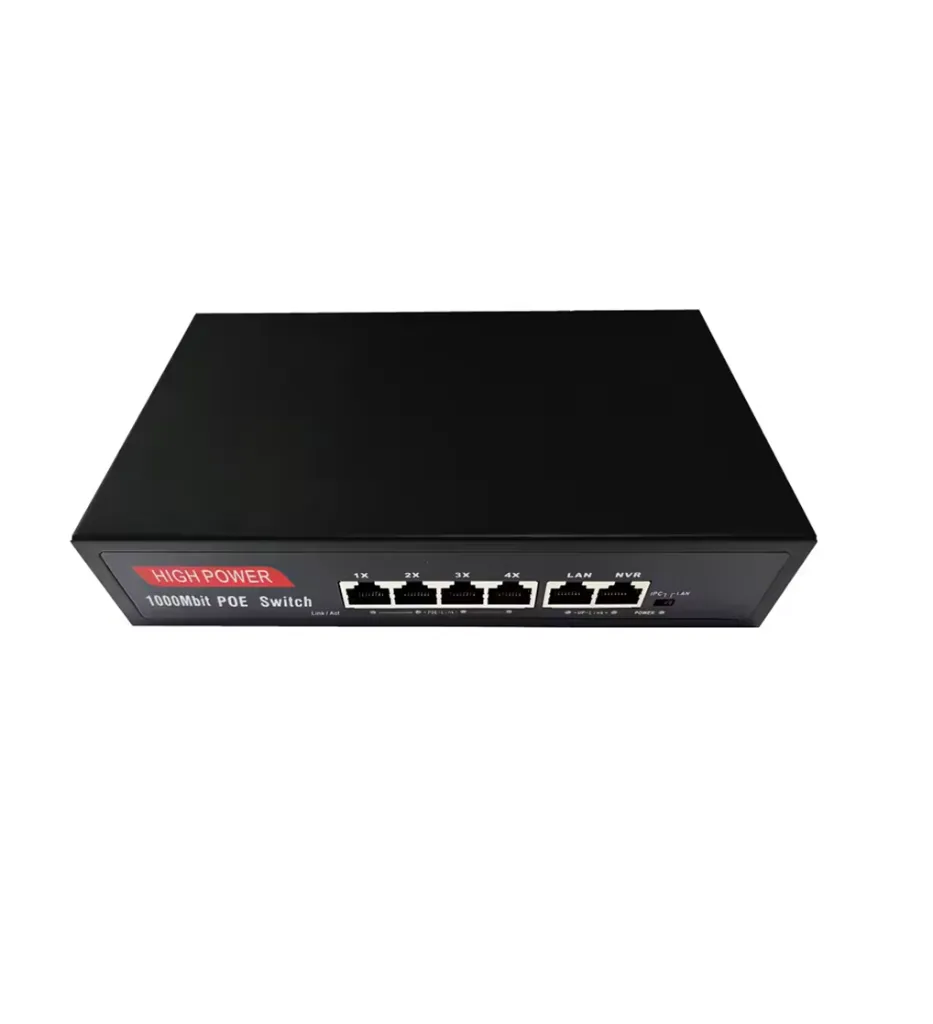 MA00-01 Switch POE Primetechs 4 puertos POE x 10/100 Mbps Mega, 2 puertos Uplink 10/100Mbp RJ45, 75W, hasta 250mts de distancia en modo extendido(IPC), IEEE802.3af/at. Con cable cat. 5 o 6 100% cobre y conectores RJ45 de calidad.