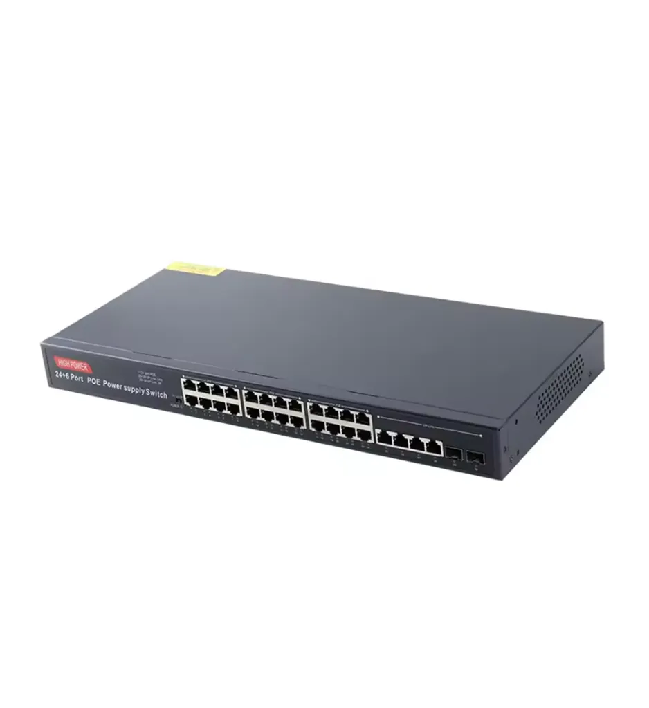 MA00-07 Switch Primetechs 24 puertos POE x 10/100 Mbps Mega, 4 puertos Uplink 10/1000 Mbps RJ45, 450W, hasta 250mts(IPC)