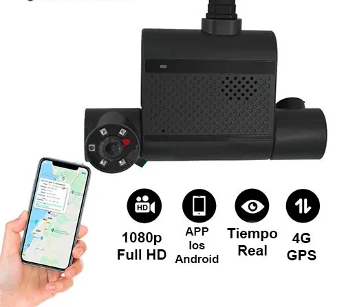 AD00-10 Dashcam 4G y GPS, Cámara doble lente frente e interior para automóvil, camión o motocarro, FullHD 2mp, visualiza por Cel. y PC, GPS ubica en tiempo real, Graba local con 512 Gb microSD, comunicación por voz, botón pánico(opción), plataforma profesional, Primetechs
