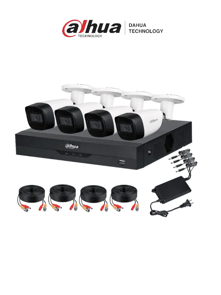 AF00-01 DAHUA Kit de 4 cámaras 5 megapíxeles  /audio y DVR WizSense/ Reconocimiento facial y H.265+/ Soporta 4 canales + 4 IP o hasta 8 IP. Incluye 4 canales SMD Plus para búsqueda de humanos y vehículos | XVR5104HS4KLI3