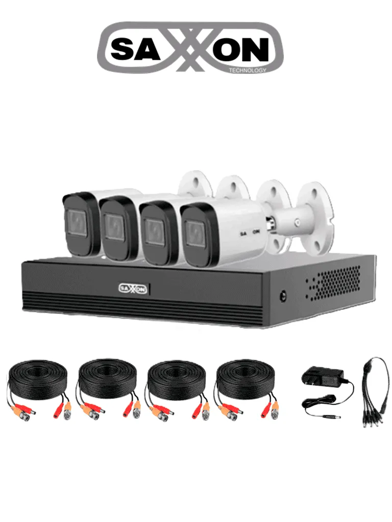 AH00-01 SAXXON - Kit de 4 Canales HDCVI 1080P / 4 Cámaras B20M 2.8mm / Visión Hasta 100°/ Soporta Hasta 5 Canales IP y Detección de Movimiento Inteligente / Metal | SUA-KIT/XVR1E04-I/4-B20M-0280B