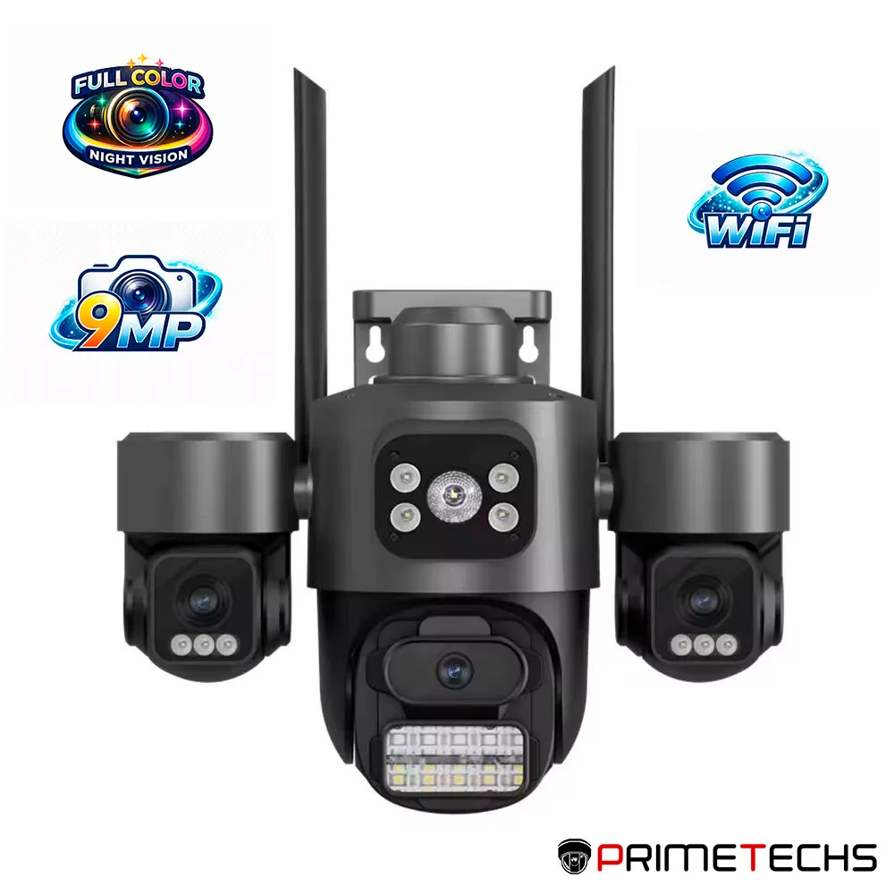 AB00-12 Cámara WiFi 9 megapíxeles, triple lente (3mp por lente), PT, FullColor, audio bidireccional, seguimiento de personas, exterior, App Icsee, no onvif, nube, Primetechs