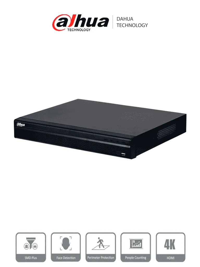 DAHUA NVR 32 canales 8 Megapixeles 4k / 32 Canales IP / 16 Puertos PoE / Rendimiento de 160 Mbps/ Smart H.265+/ 2 Bahías de disco duro/ 4&2 E&S de Alarma/ Soporta cámaras WizSense/ 2 canales SMD Plus DHI-NVR4232-16P-4KS3